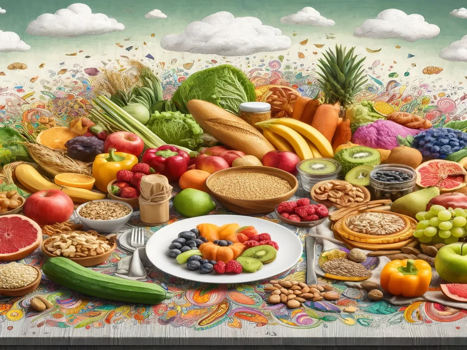Vibrant spread of healthy whole foods including vegetables, fruits, eggs, and legumes