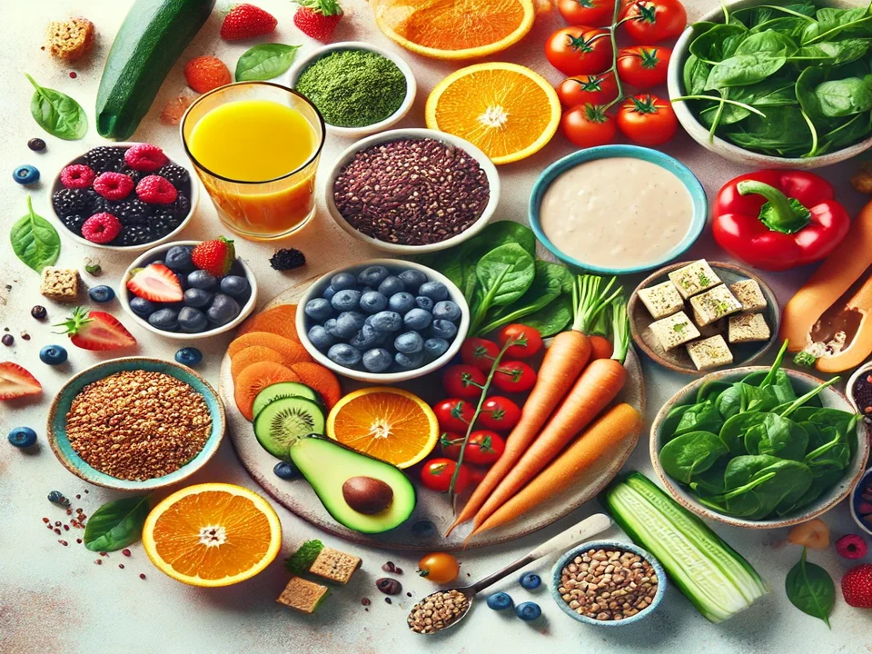 Colorful selection of fresh vegetables and fruits on kitchen table